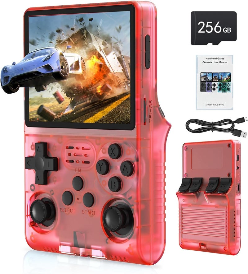 FVBADE [30000 in 1] R40S PRO Handheld Game Console 3.5 inch IPS Screen Mini Retro Console 3800mAh Portable Pocket Arcade 45+ Mainstream Emulator 256G TF Card Transparent.(Red) - Image 1